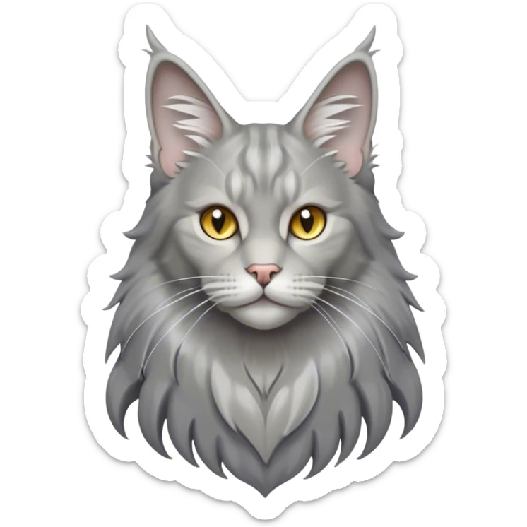 Cinematic Grey Maine Coon Cat Portrait Emoji, Elegant and alert, sleek grey, silver, and white tones, Simplified yet sharp features, highly detailed, glowing with a cool, confident glow, high shine, intelligent and poised, stylized with an air of grace, focused and attentive, soft glowing outline, capturing the essence of strength and sophistication, so lifelike it feels as though it could spring into motion with its majestic tail swishing at any moment! sticker