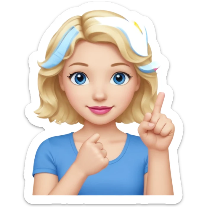 Girl Blonde short wavy hair,  blue eyes, cute blue top, long lashes, pink lips, smiling, fist bump sticker