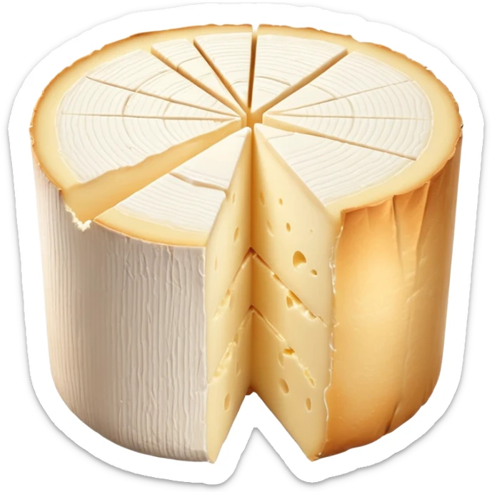 small cylindrical wheel of Chaource cheese with soft wrinkled white rind and creamy pale ivory interior, one clean slice showing dense slightly oozy center, upright shape with rounded edges and bloomy textured surface, soft lighting, subtle shadows, emoji scale sticker