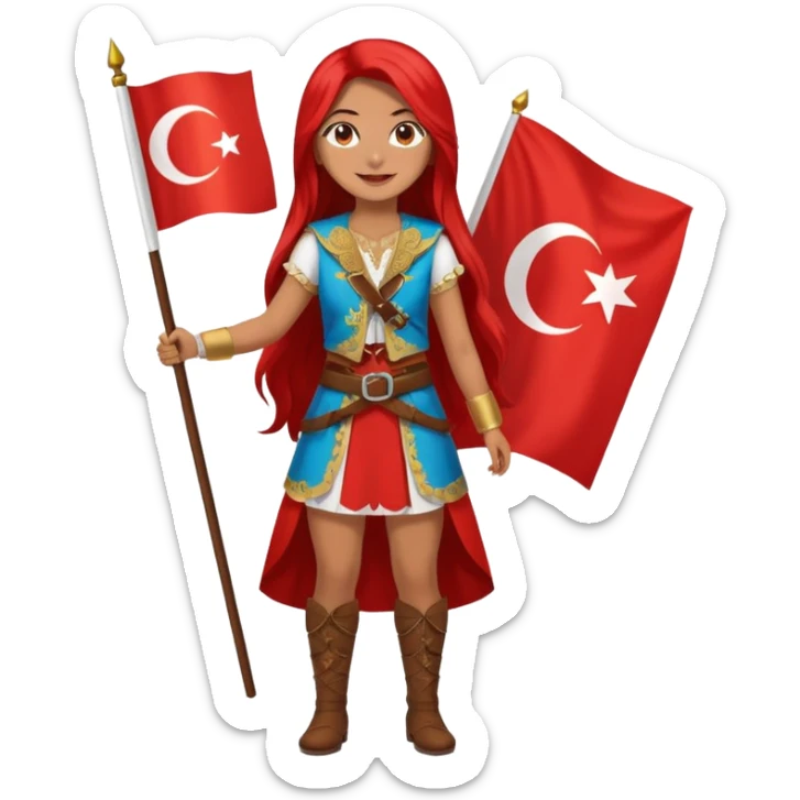 ultra sexy happy Turkish girl with Turkish flag in national outfit, full body, long bright hair sticker
