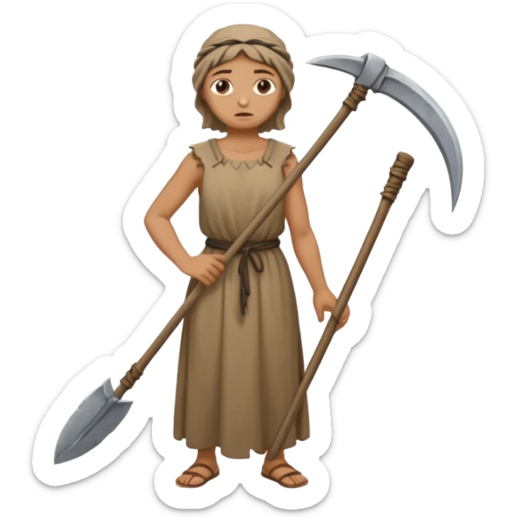 Emoji portrait of a Greek peasant. Rough chiton dress, holding a scythe, tired expression. sticker