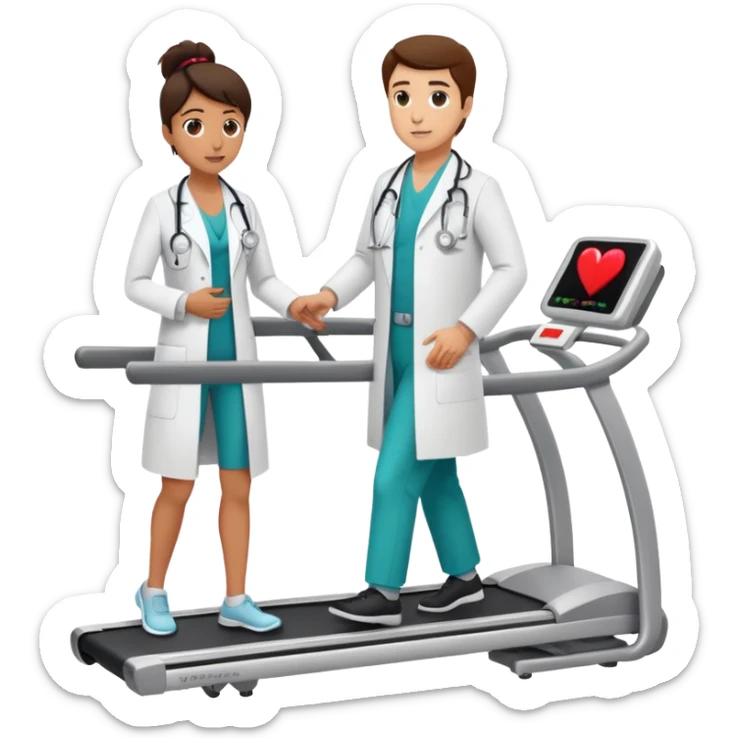 patient on a treadmill with a heart monitor, and a doctor standing nearby supervising, not running sticker