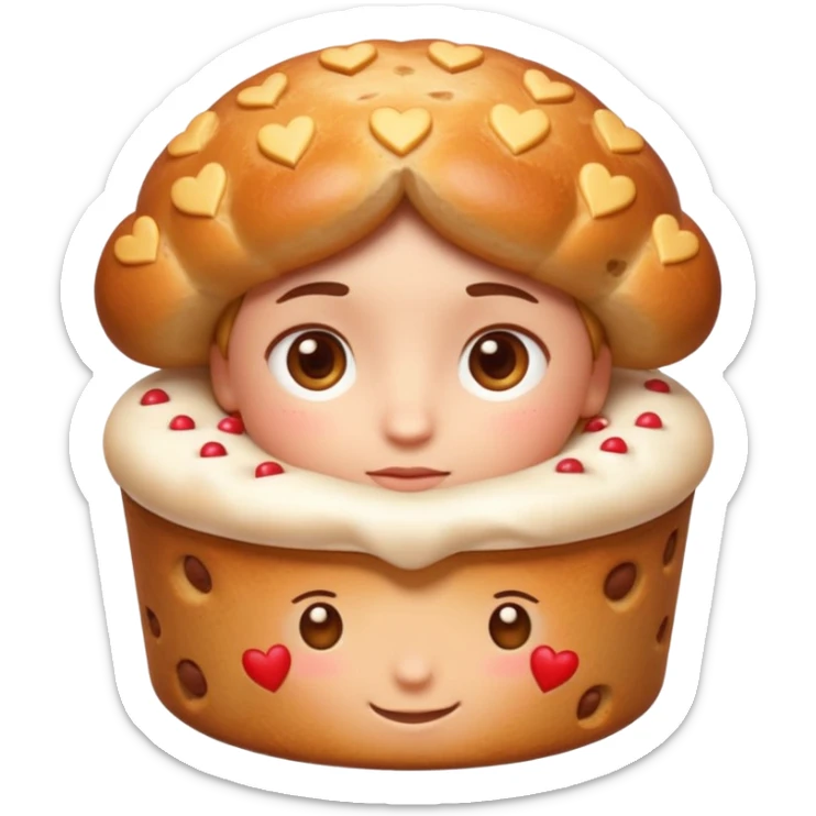 Apple-style emoji illustration of a cuteperson  with dreamy eyes thinking of a traditional panettone, small hearts floating around, soft 3D emoji style, smooth gradients, rounded shapes, warm festive colors, simple expression, centered composition, transparent background, no text. sticker