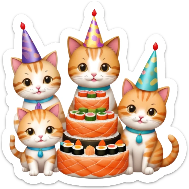 six cats celebrating one cat's birthday party, all cats holding pieces of sushi, birthday cake, party hats, and decorations sticker