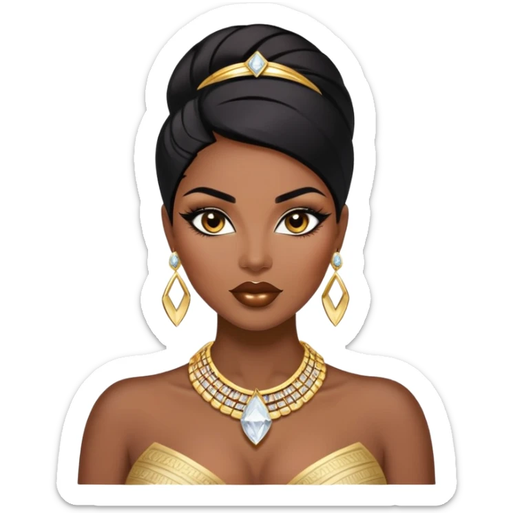 exotic African American woman with dark brown skin, straight black hair, glamorous makeup, gold jewelry, diamonds, curvy and confident, stylish and sexy sticker