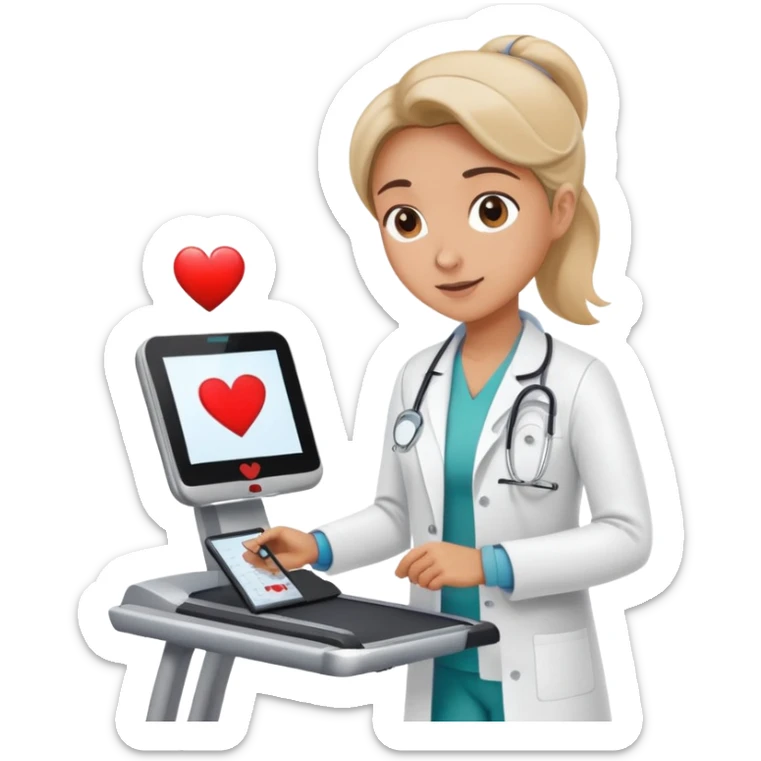patient on a treadmill, doctor with clipboard supervising, heart monitor in background sticker