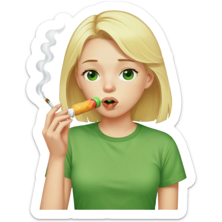 Disgusting blonde girl with food around her mouth. She looks incredibly tired while wearing green T-shirt smoking a cigarette eating a brown ice lolly.  sticker