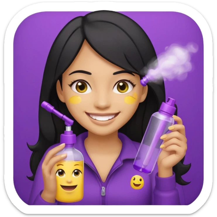 a girl with beautiful black hair, smiling widely with visible yellow teeth, holding a fully purple thin spray bottle with the lid closed, Genmoji emoji style sticker