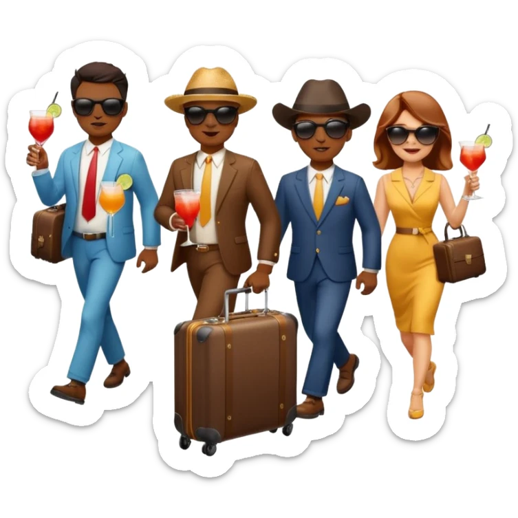 generate an emoji of a group of up to 8 male and female bulls travelling together on holidays. One bull has a suitcase, one has sunglasses, one is carrying a cocktail. They're all in motion, walking together sticker
