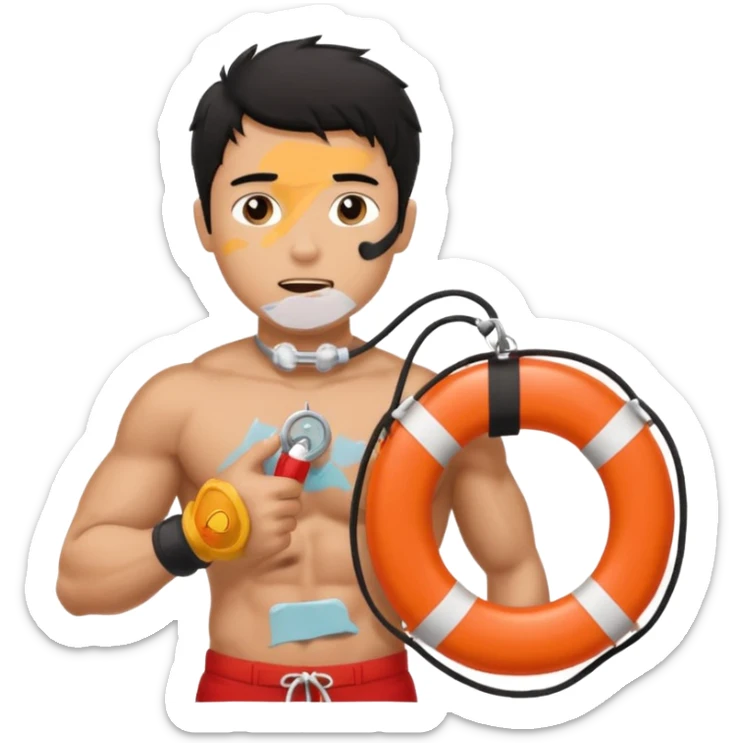 Shirtless Dark Tan Muscular lifeguard with messy black hair with whistle hand, life preserver sticker