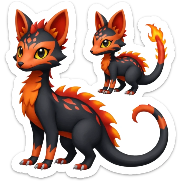Rare realistic cute gothic Salandit-Litten-Quilava-Genet-species-Fakemon-hybrid-creature, with fiery markings, full body sticker