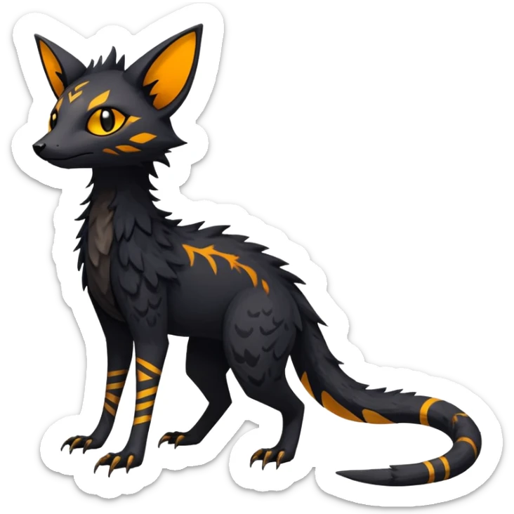 Rare realistic exotic edgy dark gothic gloomy spooky black and orange/yellow epic pretty beautiful handsome gorgeous aesthetic colorful vibrant Vernid-Trico-species-Fakemon-creature by LiLaiRa, 4 legs, 1 tail, random markings, (full body) sticker