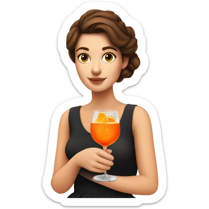 Girl with brown hair up to the shoulders, white skin. She is drinking an aperol spritz sticker