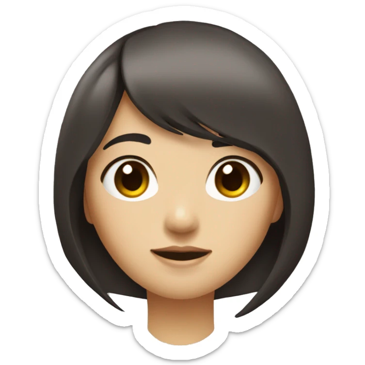 Asian girl in a white t-shirt with dark long hair deep brown eyes bangs sticker