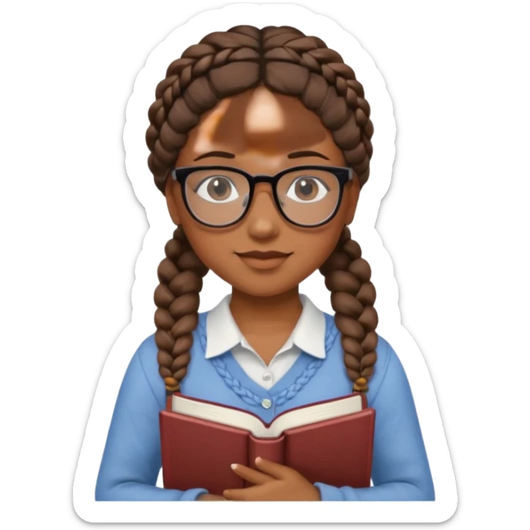 A student, girl, brown skin, braid hair, wearing glasses, hold book in front of their chest sticker