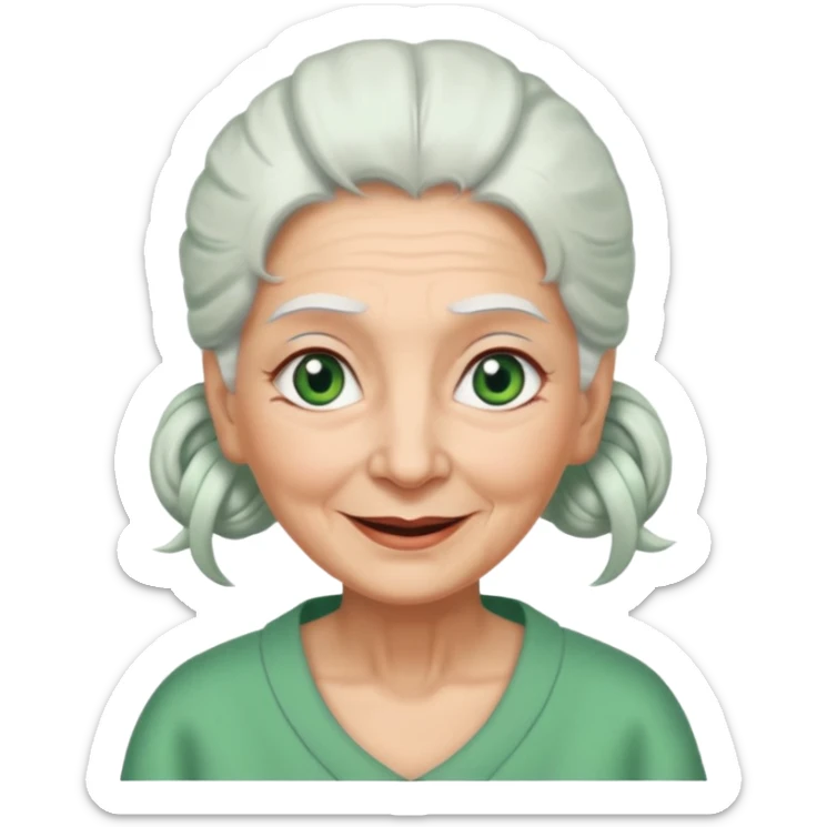 abuela con ojos verdes, pelo blanco, pelo blanco y amarrado, aspecto feliz sticker