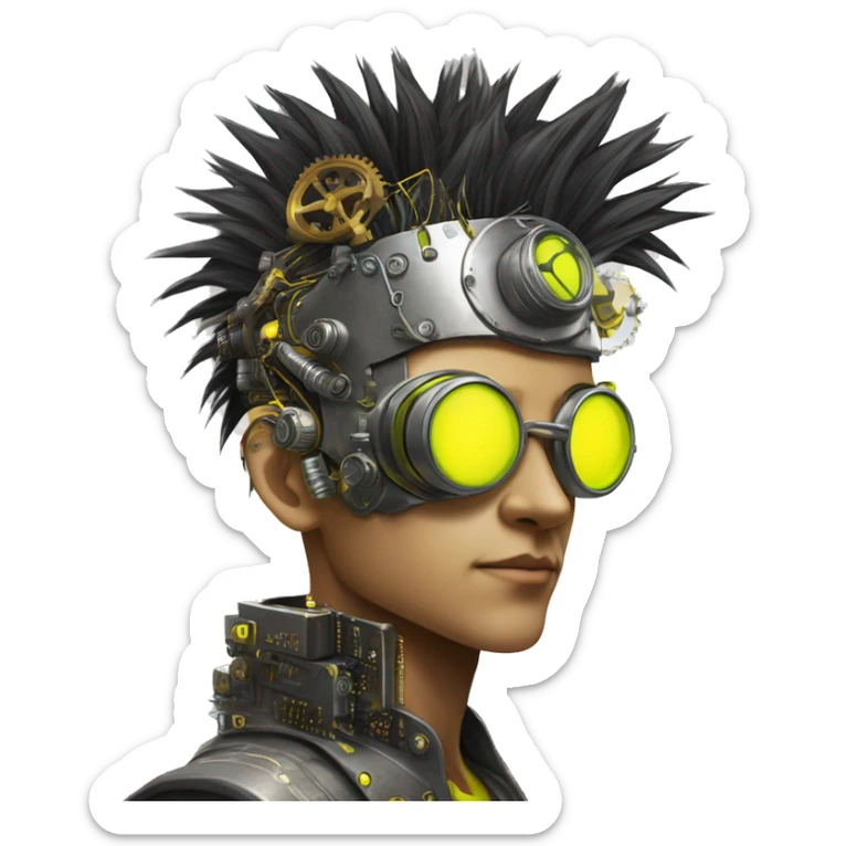 Neon yellow Mohawk hair Asian male cyborg head with silver steampunk goggles and circuits sticker