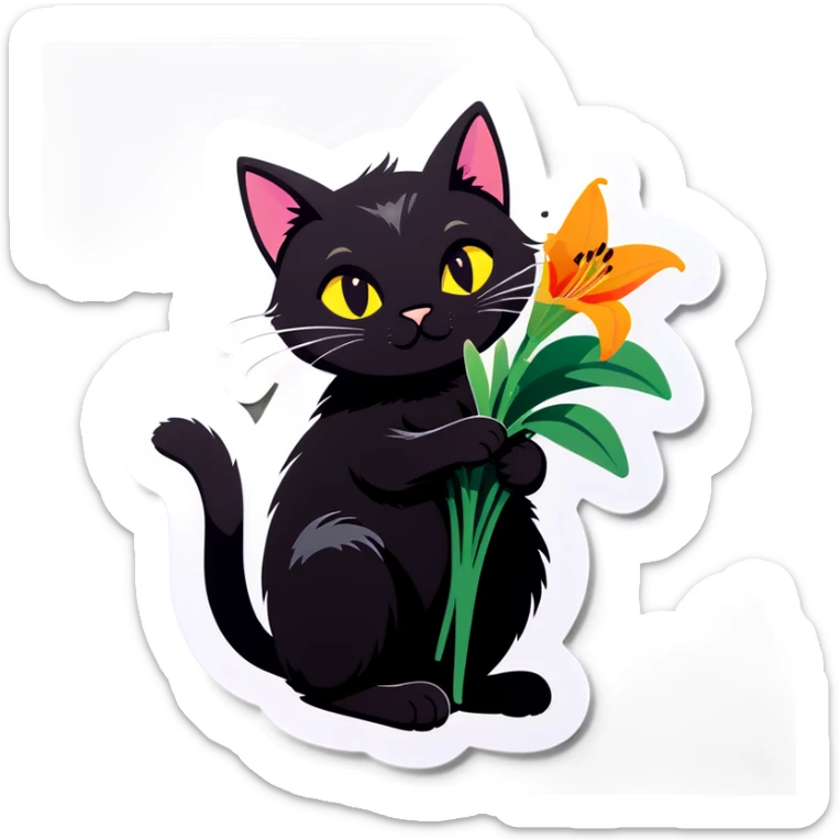 a black cat with a bouquet of Lily of the road sticker