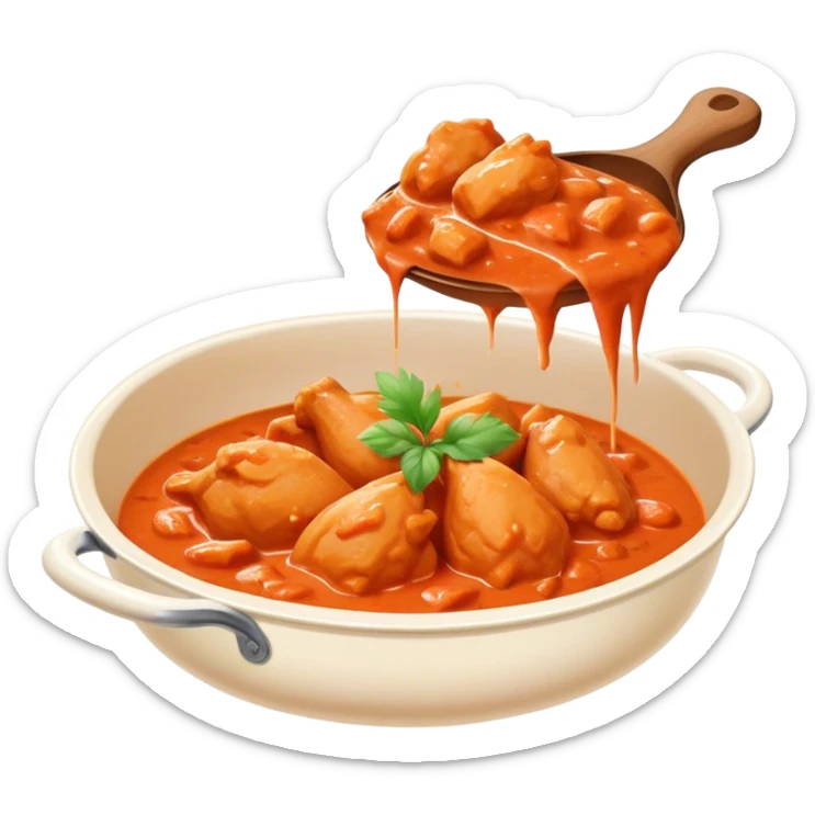 Cinematic Realistic Butter Chicken Dish Emoji, depicted with tender chicken simmered in a creamy tomato‚Äêbased sauce rendered with rich textures and dynamic, appetizing lighting. sticker