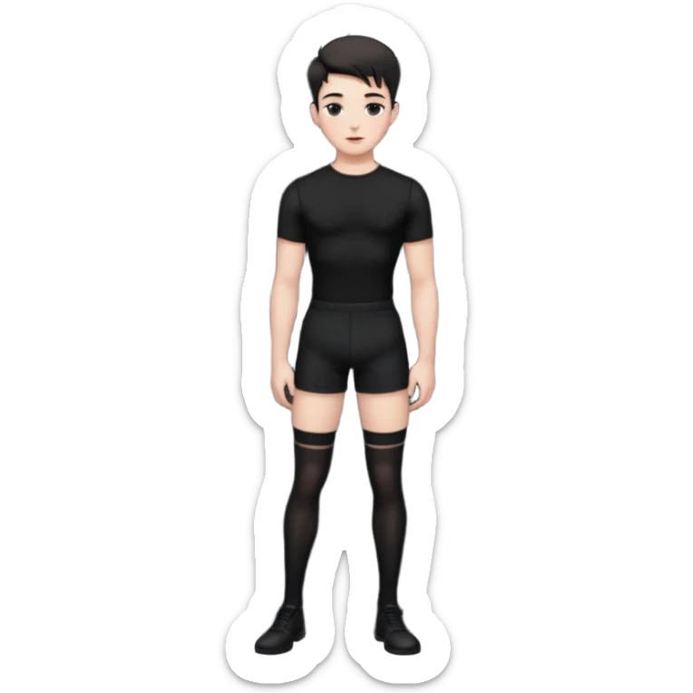 Male in his 20s, clean shaven, feminine look, wearing black thigh highs, black crops, black feminine shorts, is a femboy.   sticker