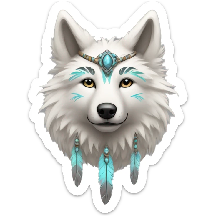 Fluffy Shy Spiritual Shamanic Wolf With Shiny Tribal Markings wearing feathers Full Body sticker