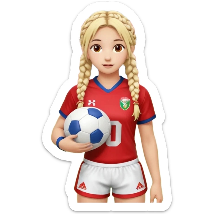 Chica de pelo rubio tirada en el suelo boca abajo agarrando un balón DE RUGBY con las manos vestida con una equipación de color rojo y blanco con líneas y con unas botas de tacos de fútbol, con un bucal en la boca y el pelo con trenzas, se la tienen que ver las 2 piernas  sticker