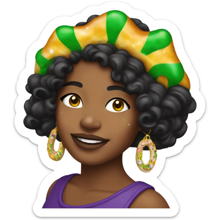 King cake earrings on girl with dark hair and freckles sticker