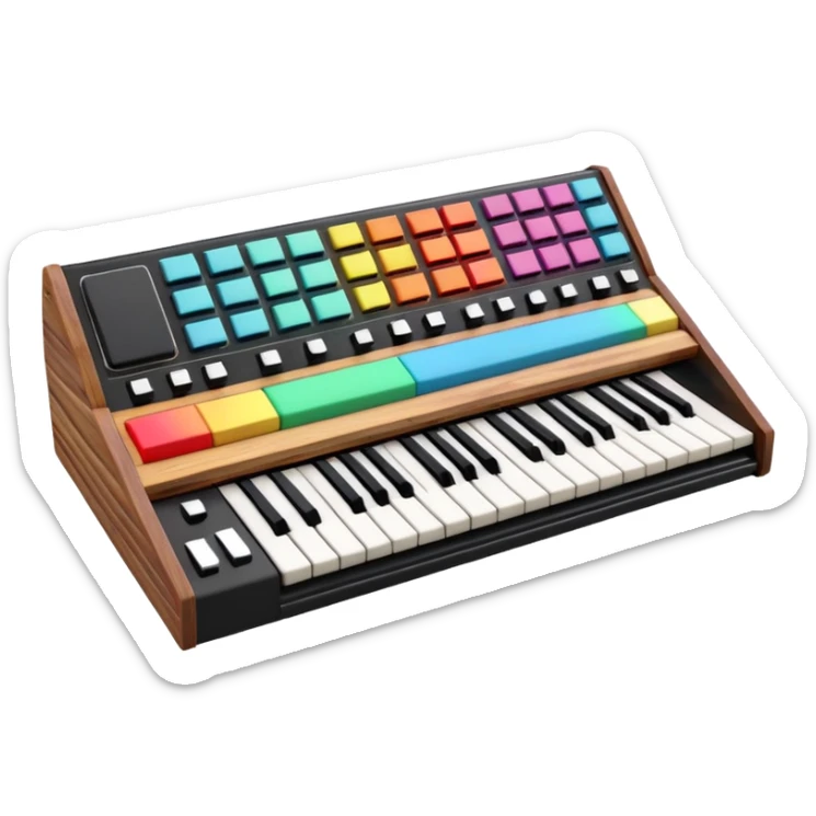 3D render of Synthesizer, vintage 1980s audio equipment aesthetic, tactile analog buttons, black matte keys with colorful rainbow slider knobs, mixed wood grain and brushed aluminum textures, Apple emoji style, isolated on white background --v 6.0 sticker