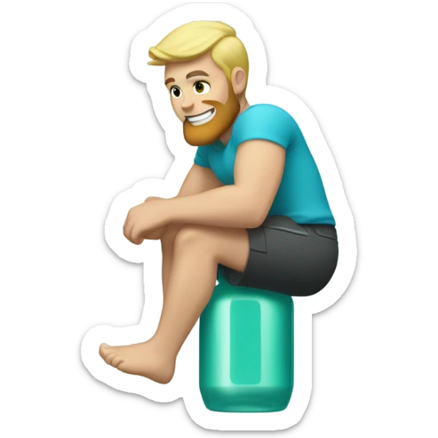 Buff man with blonde short hair and a medium length blonde beard riding on top of a giant bottle of listerine sticker