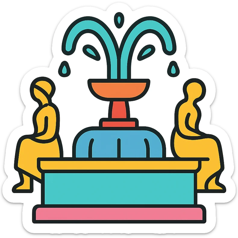 A colorful illustration of a fountain with statues, outlined in black sticker