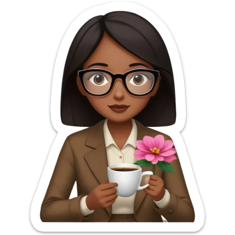 Chica de pelo negro ojos negros y piel morena con lentes oversize square GAFAS DE LEER BIEN GRANDES  , sentada en una sala de casa , en la mano derecha una taza de cafe con una flor negra de diseno. Sentada mirando un drama koreano en la television.  sticker