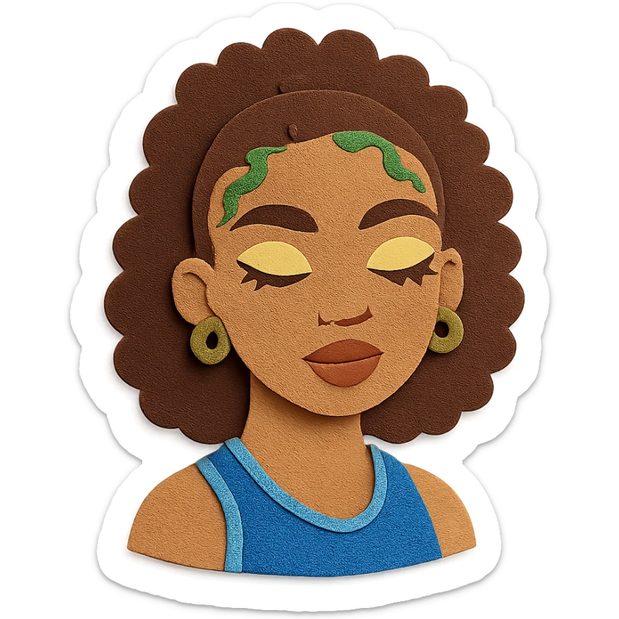 curly hair, light brown skin, baby hairs, highlighter makeup, Y2K and sportlife style sticker