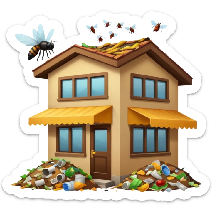 emoji-style icon of a restaurant building with a pile of trash and food scraps outside, flies and bugs around, unsanitary and dirty appearance, clear at small size, no text sticker