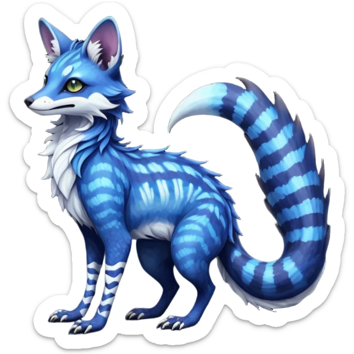 Feral Rare Fantasy iridescent scaly evil spooky vibrant dark shady shaded detailed deep-dark-cobalt-blue-gradients-colored colorful Vernid-Sergal-Genet-Trico-Fox-species by LiLaiRa, with dark-blackish points, white belly, random markings, tufted tail, tufted ears, full body sticker