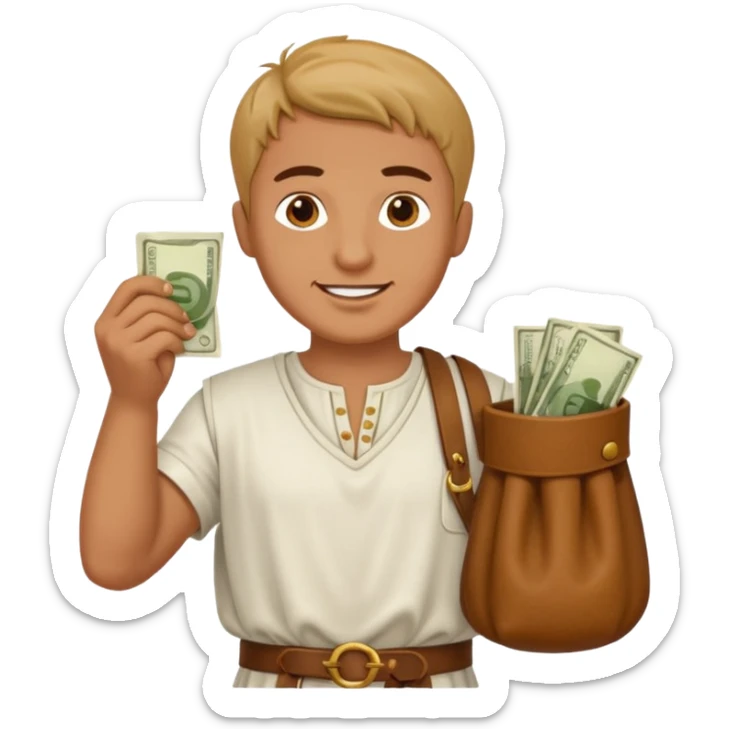Emoji portrait of a Roman merchant. Loose-fitting clothes, holding a money pouch, cheerful expression. sticker