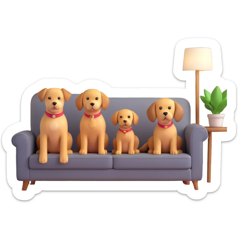 dog family sitting on a couch in a bright family room sticker