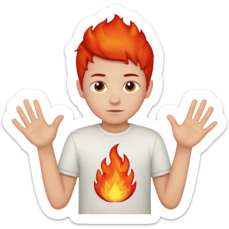 A boy with no hands fire instead made out of red fire and the boy is wearing a shirt that says FIRE CREATOR  sticker
