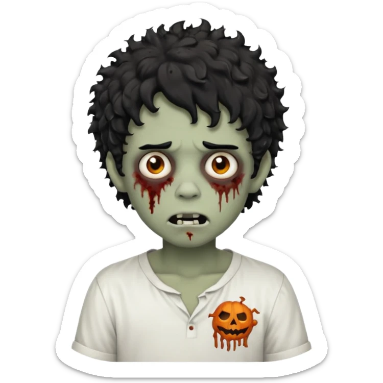 Boy, zombie, black hair, curly hair with white tips, shaggy, dark, spooky, creepy expression, white shirt sticker