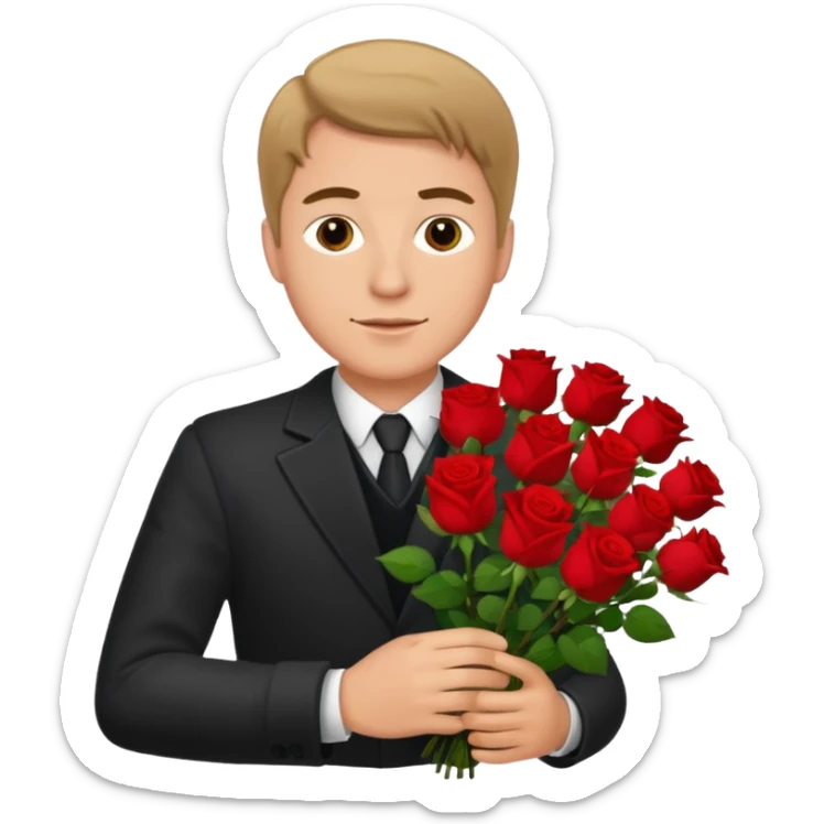 Un homme blanc brun pas en costard qui tien un bouquet de roses dans la main sticker