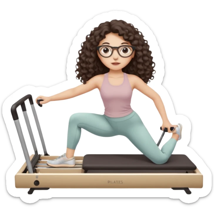 Memoji-style girl with long dark brown curly hair, round glasses, large brown eyes, soft rounded face,makeup, warm beige skin tone, wearing Pilates activewear performing Pilates and reformer Pilates exercises on a reformer machine, pastel color palette, smooth soft shading,latino sticker