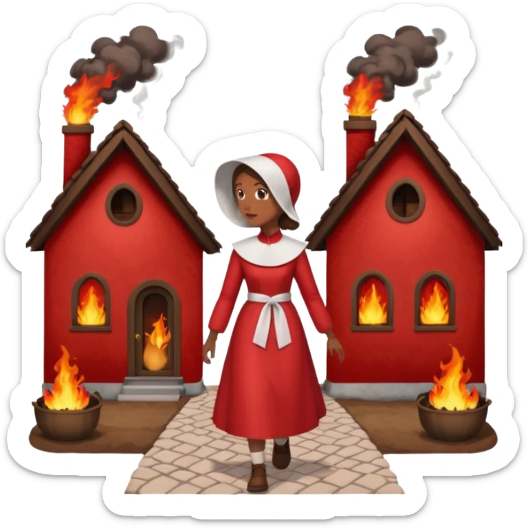 handmaids tale style woman burning house down walking away from house. shes wearing the nun hands maid tale hat cant see her face with brown hair shes wearing the red handmaids tale costume with white bonnet. walking away from the house sticker