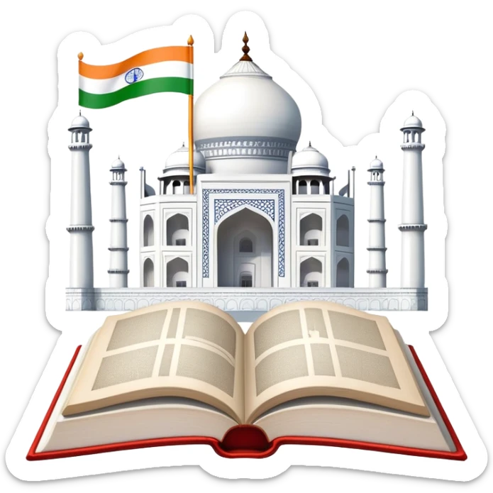 An icon featuring the Taj Mahal and the flag of India, symbolizing the Hindi language. The design includes an open book with hindi text, representing language learning and cultural richness. Transparent background highlights the heritage of India. sticker