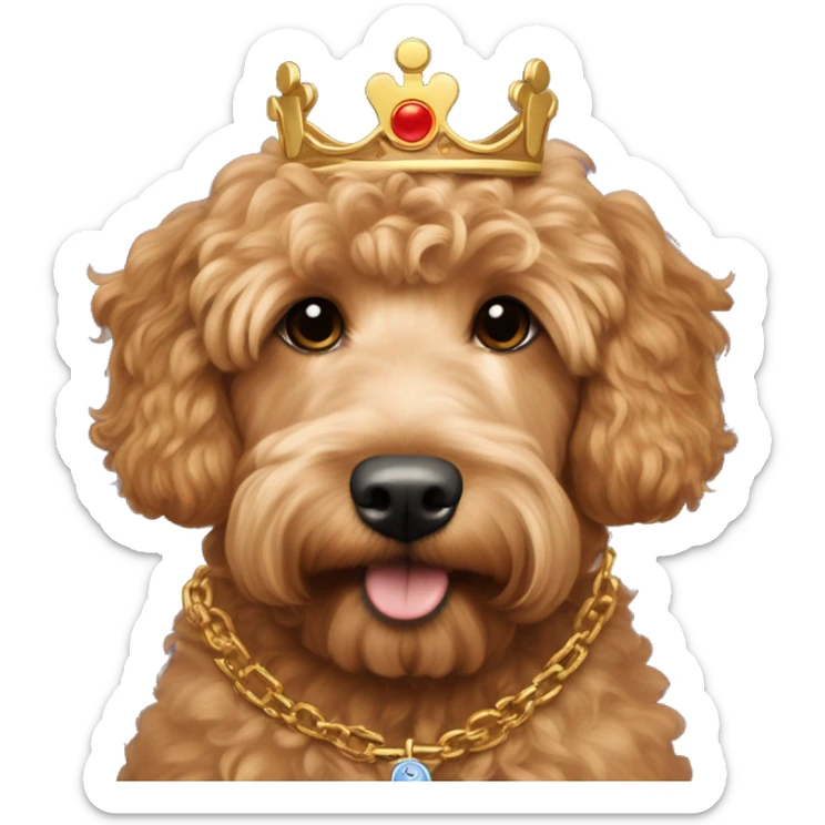 red apricot mini goldendoodle wearing golden crown and a gold chain with Dart Technologies logo sticker