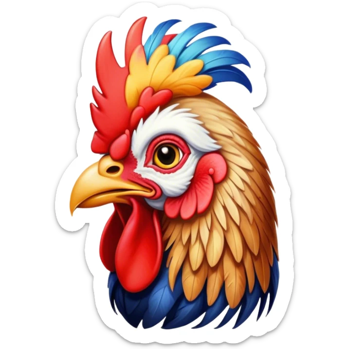 Cinematic Realistic depiction of a proud French rooster, rendered with detailed, textured feathers and a vivid, colorful comb, set against a rustic French countryside backdrop with soft, warm lighting sticker