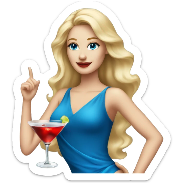 Beautiful blonde white woman with blue eyes red dress dancing with martini sticker