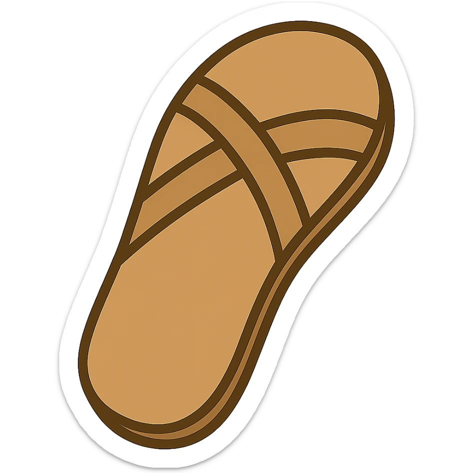 Edit the image to depict a simple sandal sole with minimal detail, inspired by Jesus sandals, viewed from the bottom and matching the angle of the reference image, in emoji style. sticker