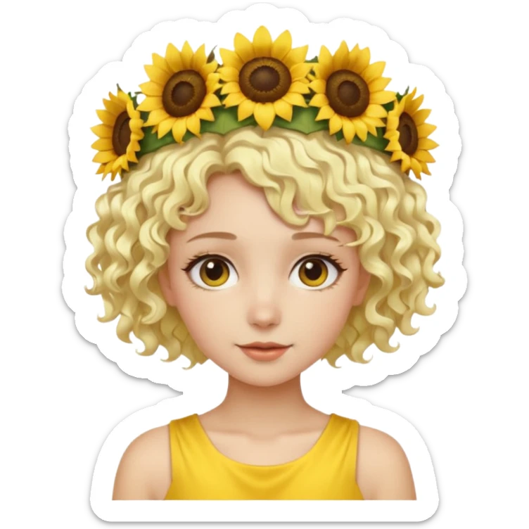 Fair skin female, short platinum-blonde curly hair, wearing a yellow sunflower crown. sticker