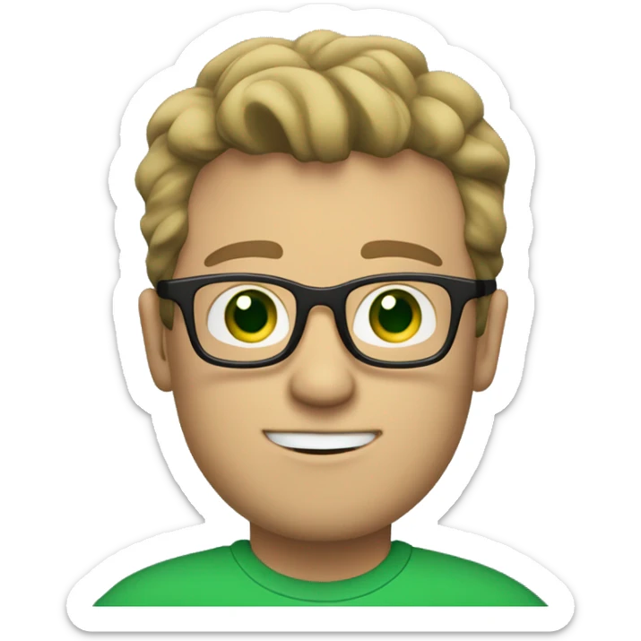 white guy with dark blond hair square glasses blue eyes in laptop wearing green t-shirt sticker