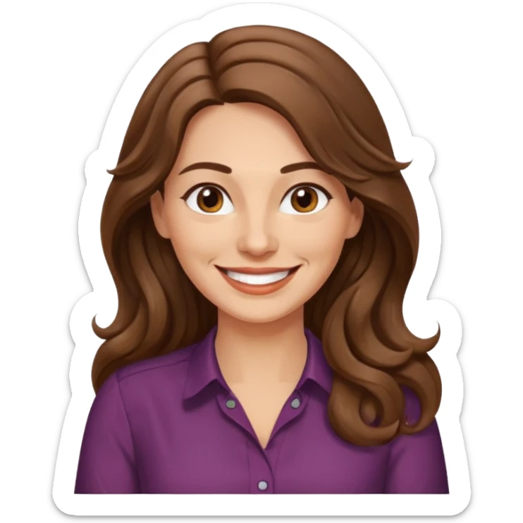 40 yr croatian woman, long wavy brown hair, big smile, side part, 
 sticker