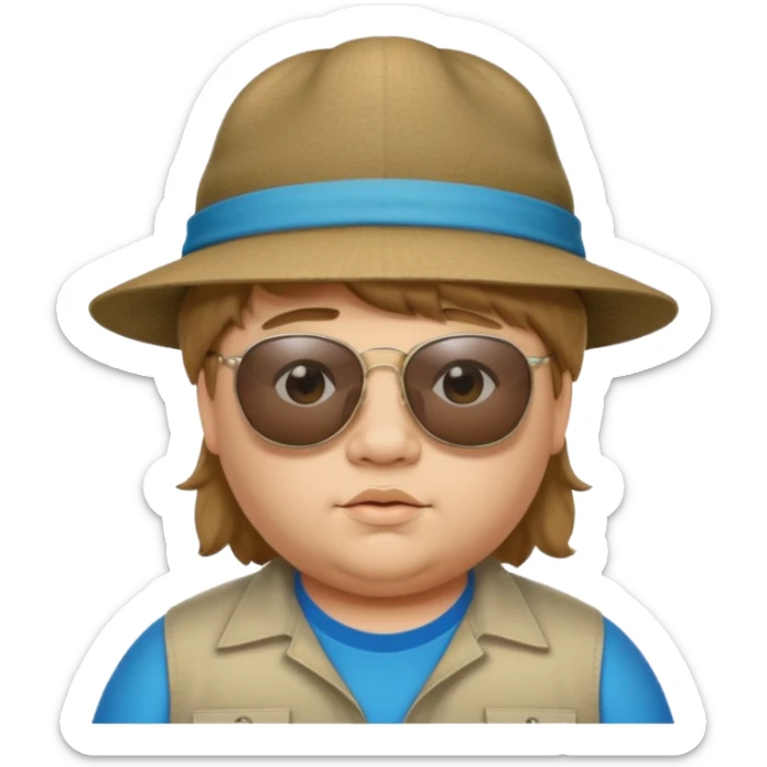 a very fat 16 year old boy who has light brown hair and a mullet and wearing a hat with upside down sunglasses on top of the hat sticker